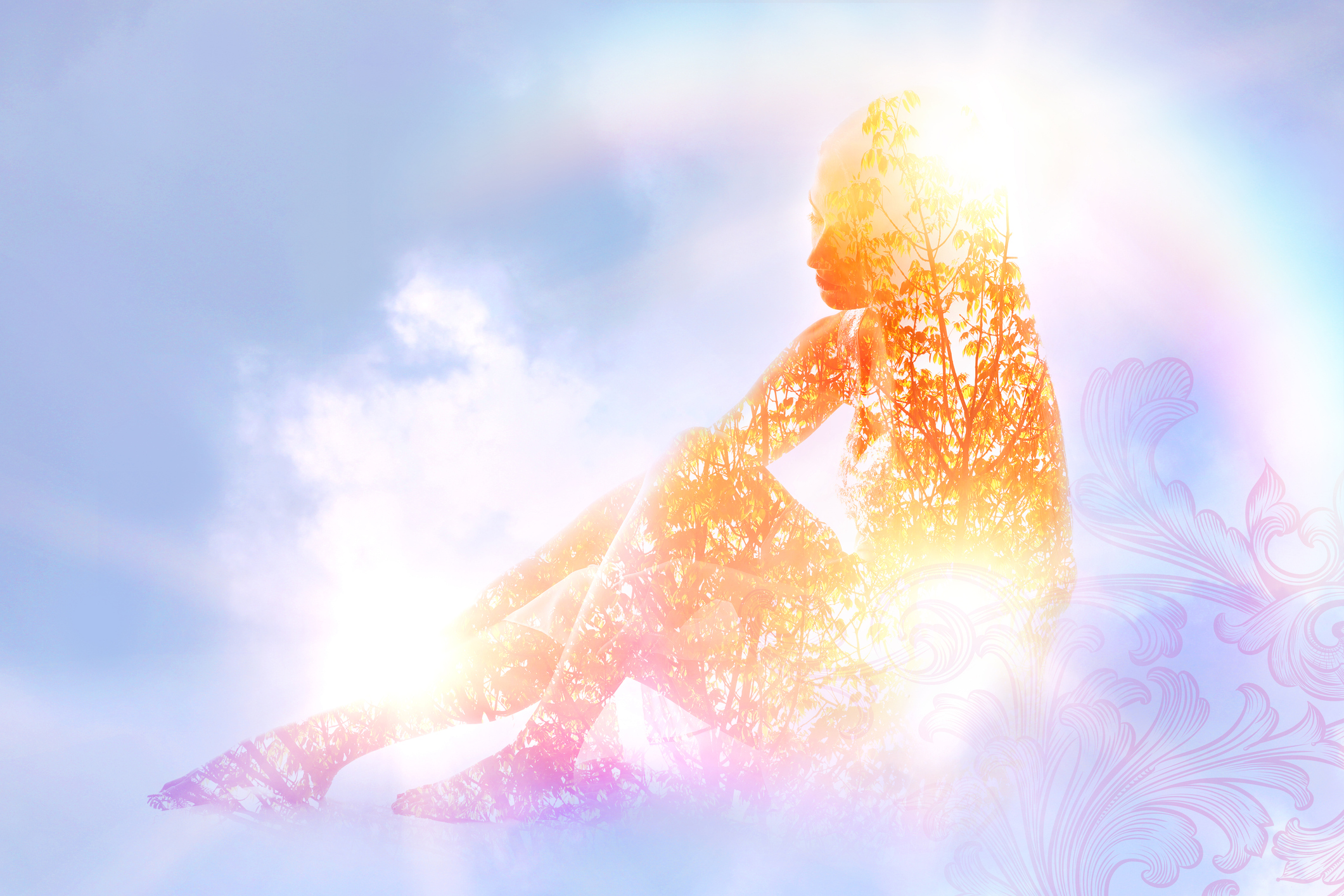 Multiple exposure of a young woman feeling gratitude for nature and good health